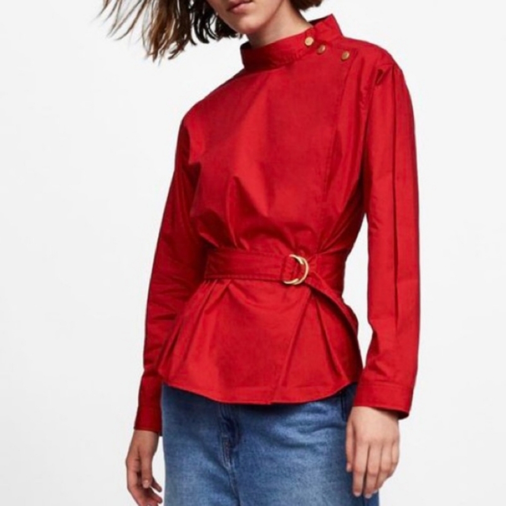 ZARA Red Belted Button Neck Tunic-XS/S